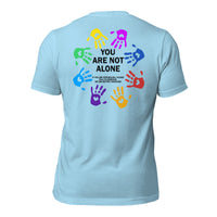 unisex t-shirt in the colour ocean blue with back print of colourful hands forming a circle and the words You Are Not Alone in the middle and additional text saying that if you are struggling to please talk to someone