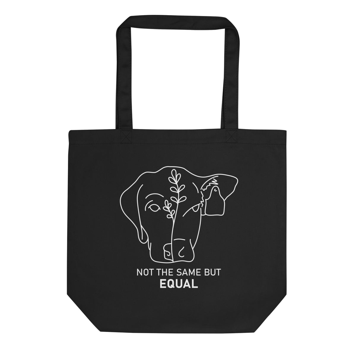 organic tote bag in the colour black with white print image in middle of a dog face and cow face combined and the words Not The Same But Equal