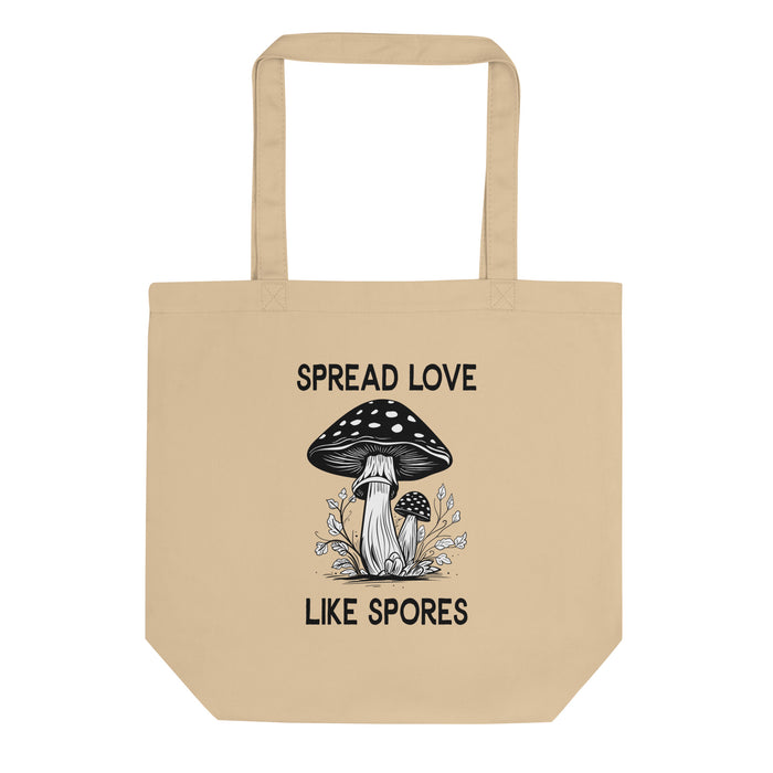 organic tote back in the colour oyster with black and white print image of two mushrooms and the words spread love like spores