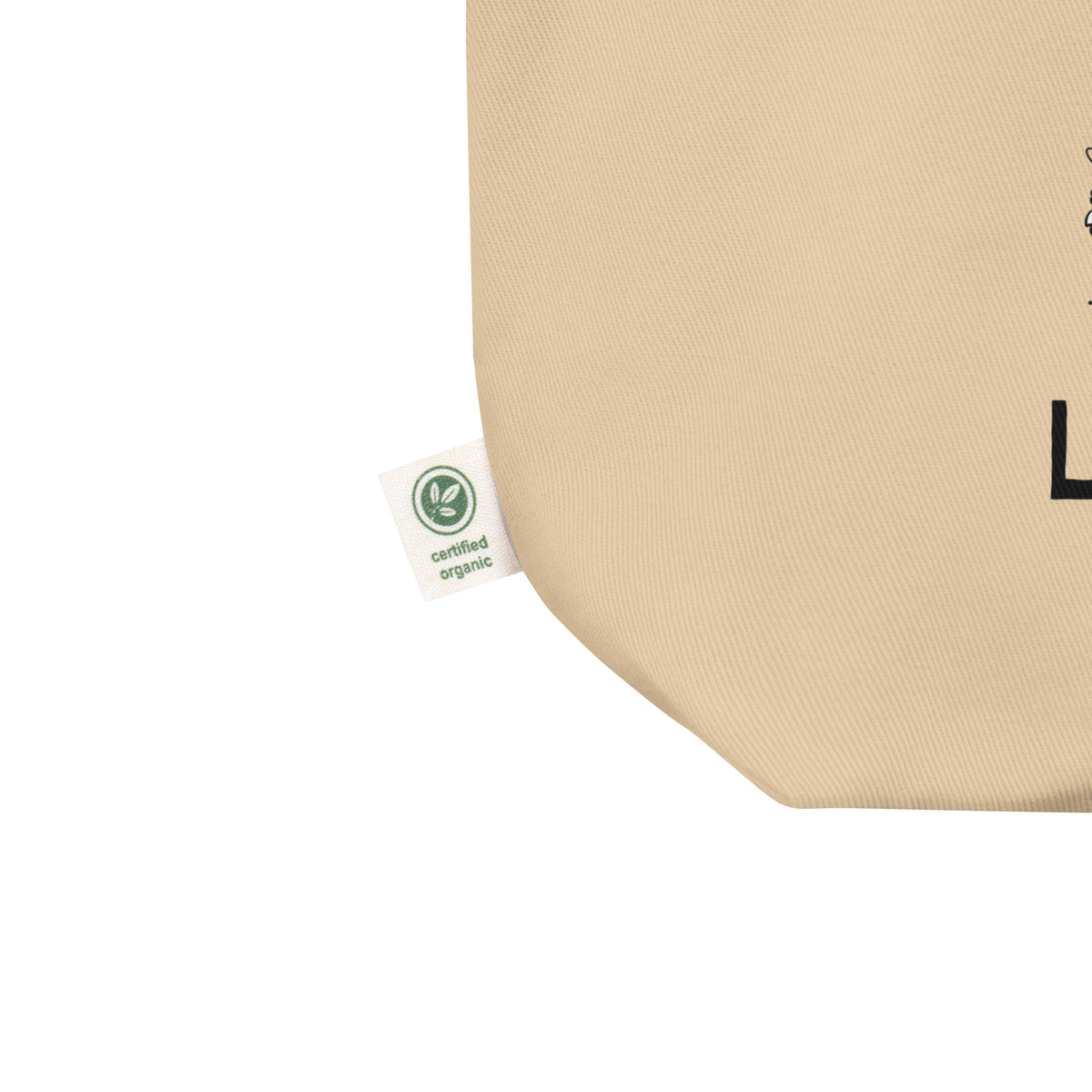 close up of organic tote bag to show the certified organic label