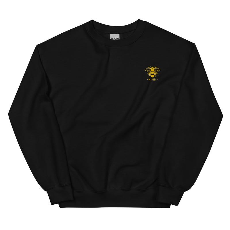 unisex warm sweater in the colour black with a small golden bee embroidery on left chest and the word kind