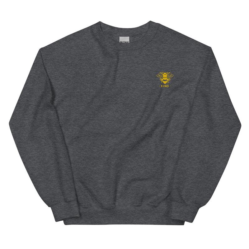 unisex warm sweater in the colour dark heather with a small golden bee embroidery on left chest and the word kind