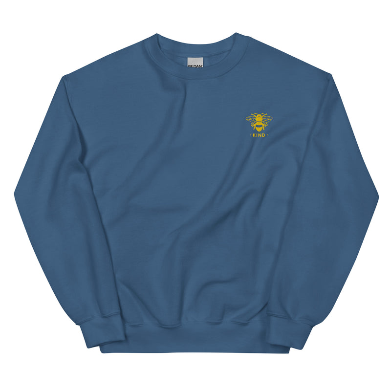 unisex warm sweater in the colour indigo blue with a small golden bee embroidery on left chest and the word kind