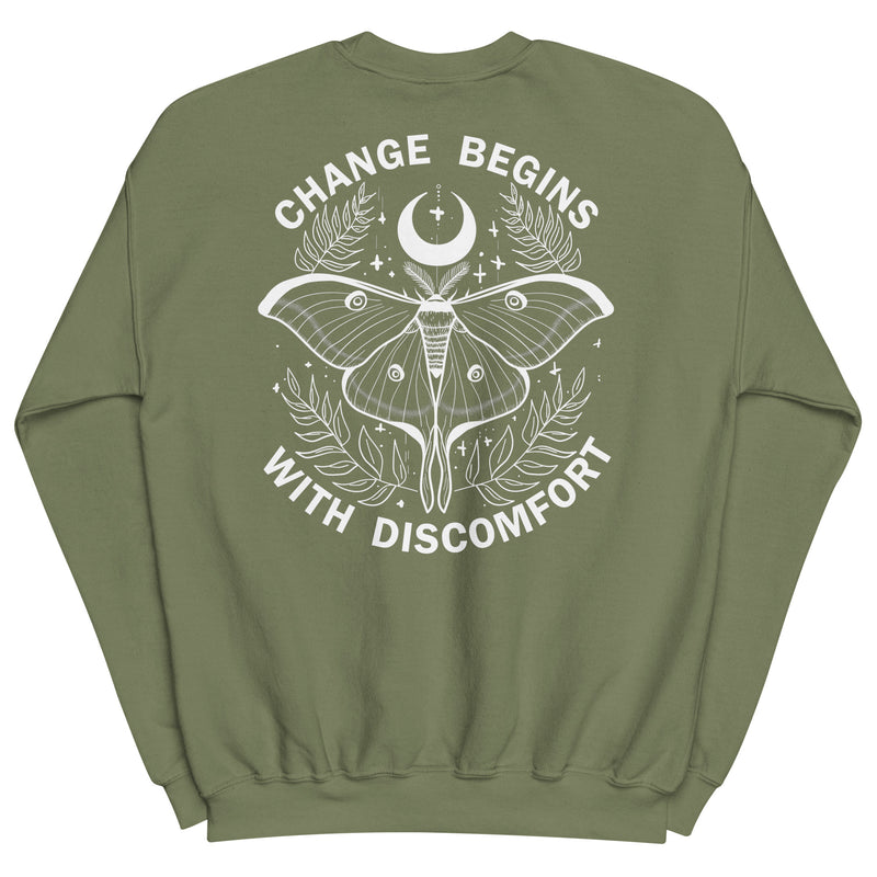 warm unisex sweatshirt in the colour military green on the back is a big white print image of a lunar moth and the words change begins with discomfort