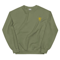 unisex warm sweater in the colour military green with a small golden bee embroidery on left chest and the word kind