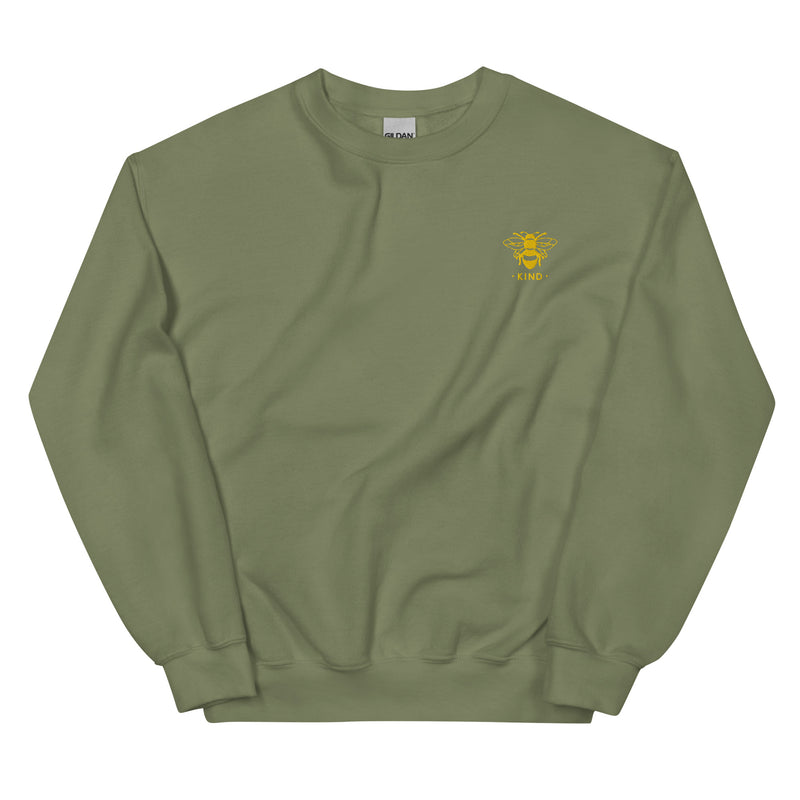 unisex warm sweater in the colour military green with a small golden bee embroidery on left chest and the word kind