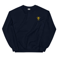 unisex warm sweater in the colour navy with a small golden bee embroidery on left chest and the word kind