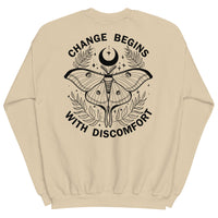 warm unisex sweatshirt in the colour sand on the back is a big black print image of a lunar moth and the words change begins with discomfort