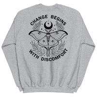 warm unisex sweatshirt in the colour sport grey on the back is a big black print image of a lunar moth and the words change begins with discomfort