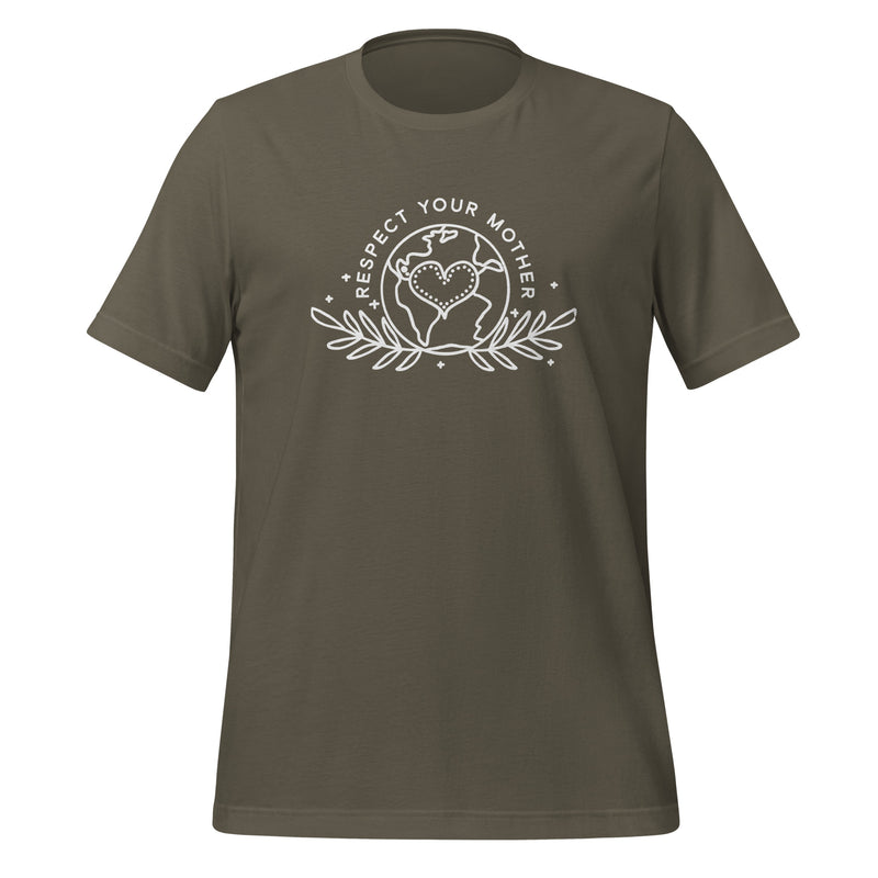 unisex t-shirt in the colour army with white front print of the earth, a heart and some leaves and the words Respect Your Mother