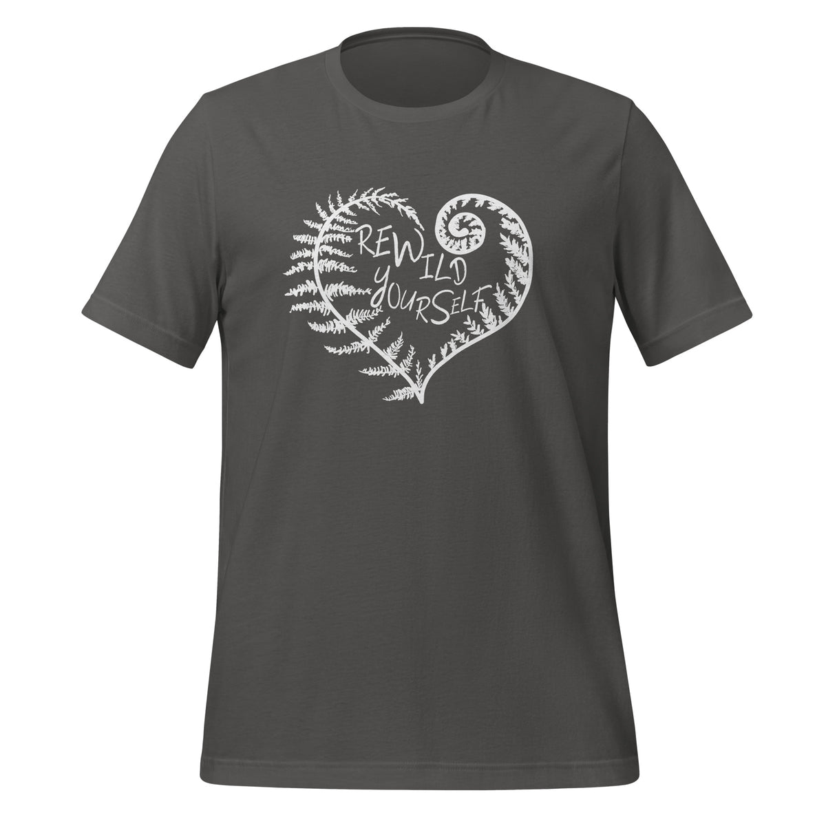 unisex t-shirt in the color asphalt with a white front print of a fern heart and the words Rewild Yourself in the middle