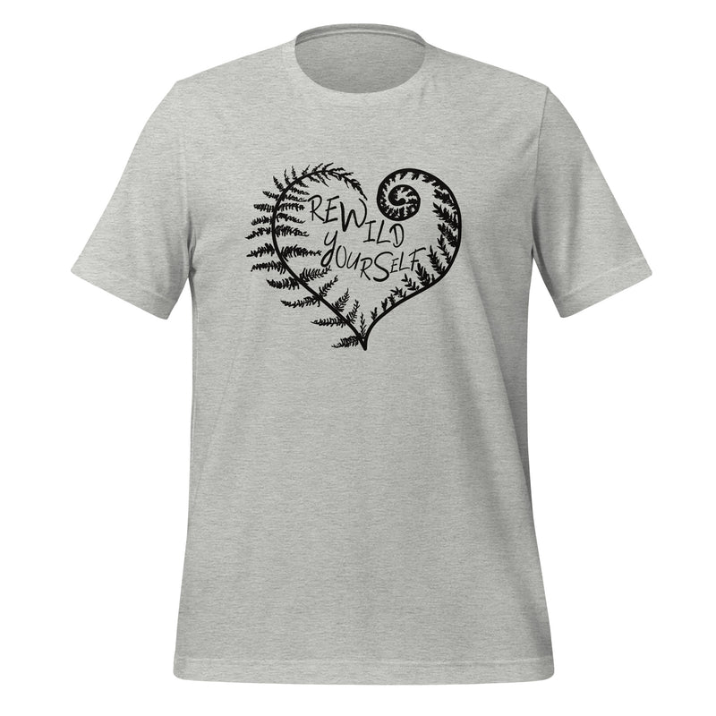 unisex t-shirt in the color athletic heather with a black front print of a fern heart and the words Rewild Yourself in the middle