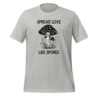 unisex t-shirt in the colour athletic heather with black and white front print of two mushrooms and the words spread love like spores