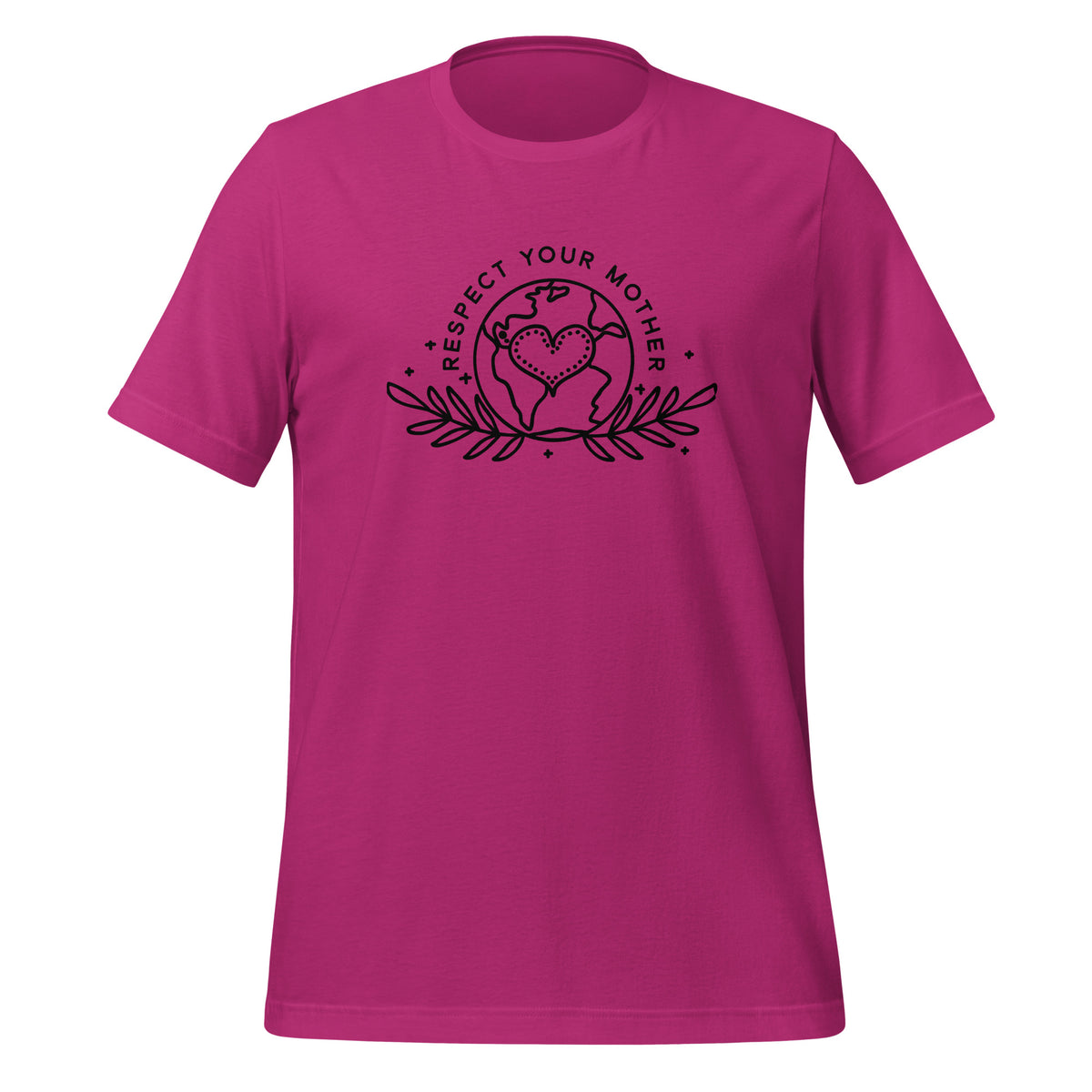 unisex t-shirt in the colour berry with black front print of the earth, a heart and some leaves and the words Respect Your Mother