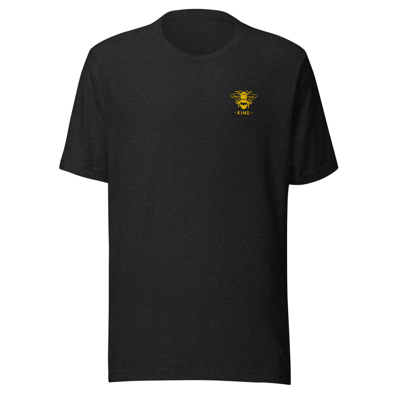 unisex t-shirt in the colour black heather with a small golden bee embroidery on left chest and the word kind