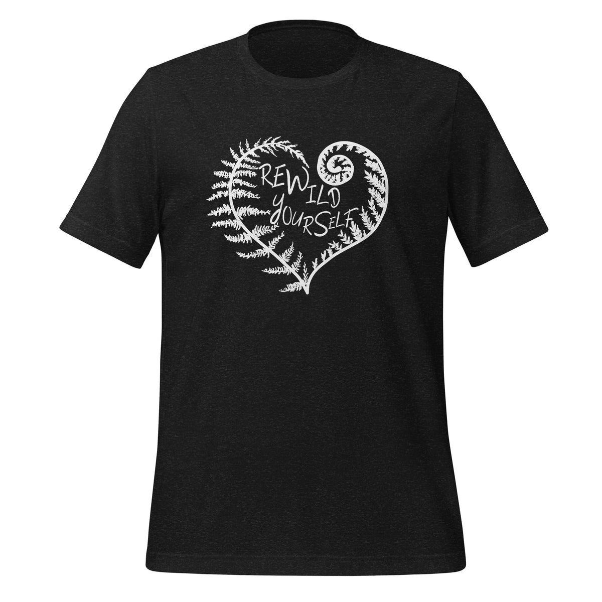 unisex t-shirt in the color black heather with a white front print of a fern heart and the words Rewild Yourself in the middle