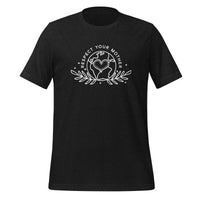 unisex t-shirt in the colour black heather with white front print of the earth, a heart and some leaves and the words Respect Your Mother