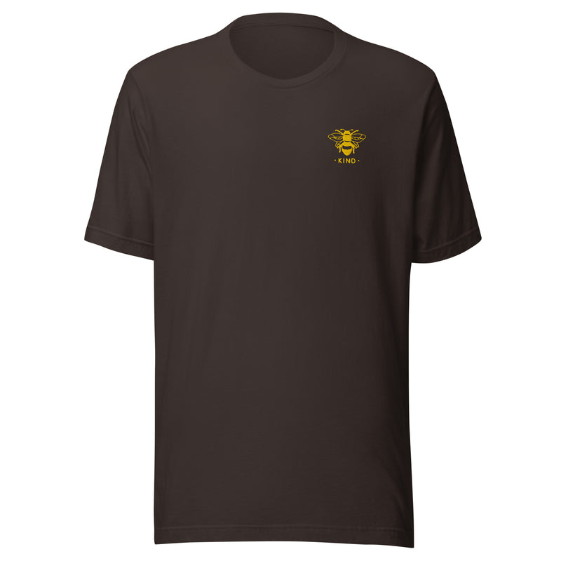 unisex t-shirt in the colour brown with a small golden bee embroidery on left chest and the word kind