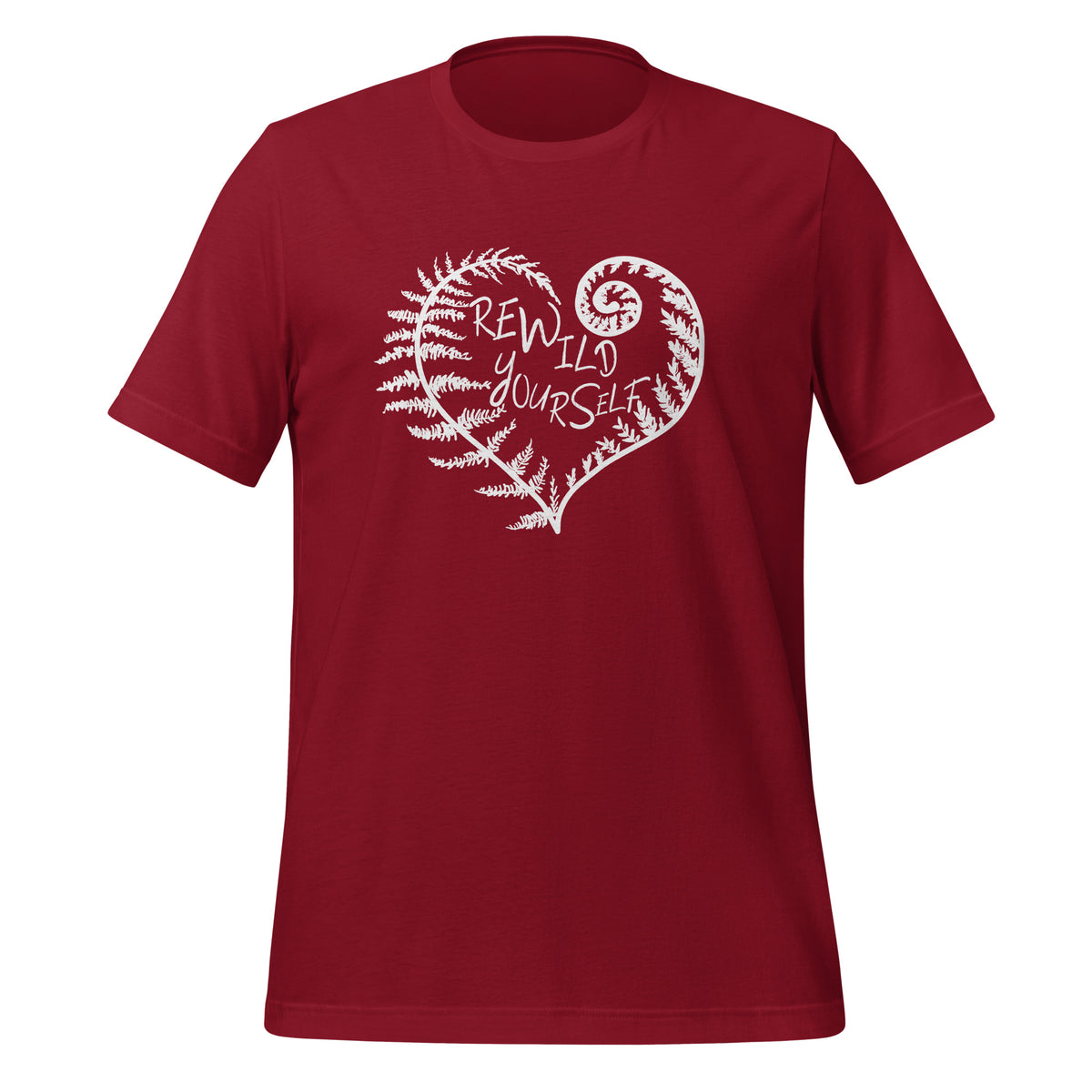 unisex t-shirt in the color cardinal with a white front print of a fern heart and the words Rewild Yourself in the middle