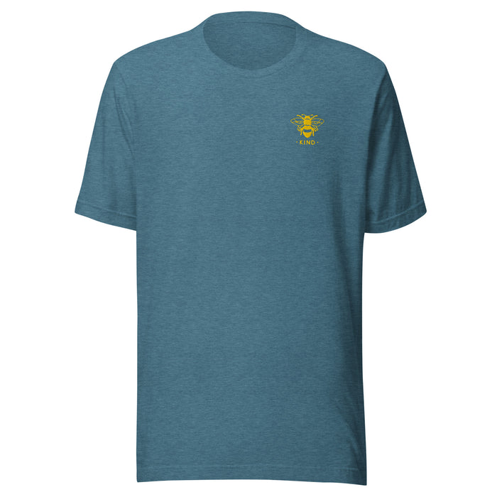 unisex t-shirt in the colour heather deep teal with a small golden bee embroidery on left chest and the word kind