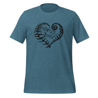 unisex t-shirt in the color heather deep teal with a black front print of a fern heart and the words Rewild Yourself in the middle