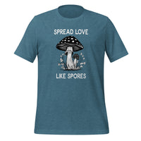 unisex t-shirt in the colour deep teal with black and white front print of two mushrooms and the words spread love like spores