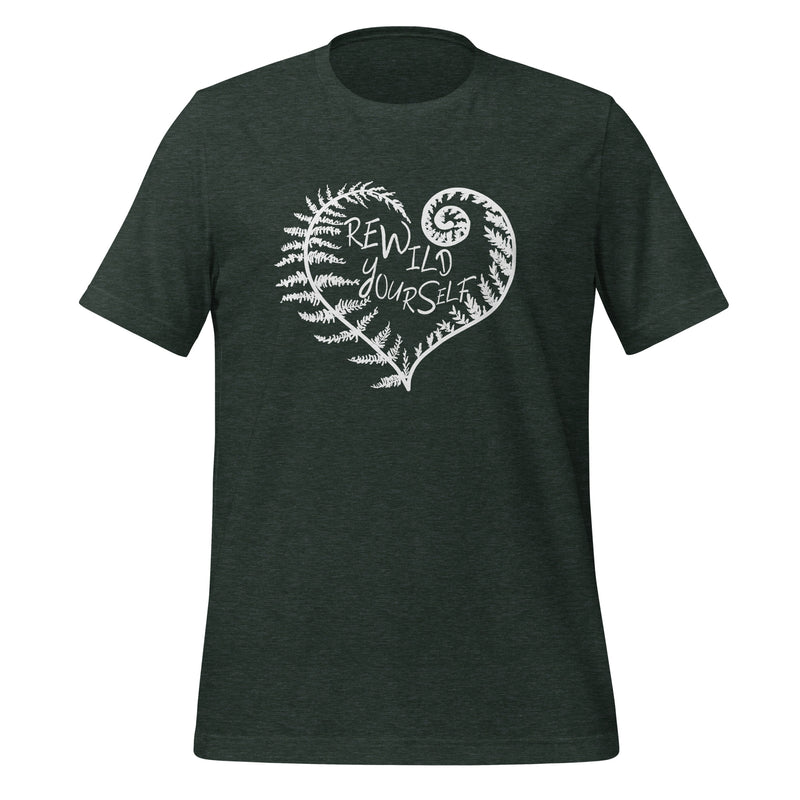 unisex t-shirt in the color heather forest with a white front print of a fern heart and the words Rewild Yourself in the middle