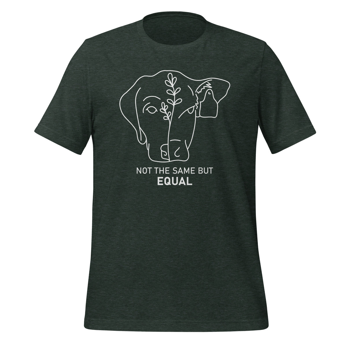 unisex t-shirt in the colour heather forest with white front print image of a dog face and cow face combined and the words Not The Same But Equal