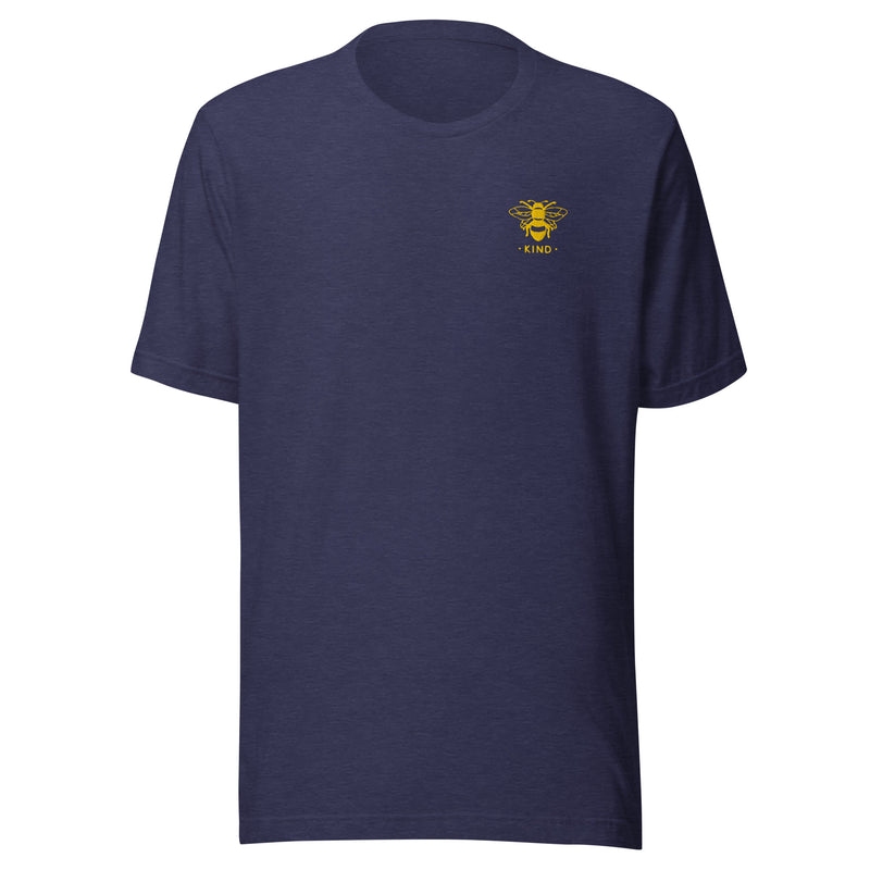 unisex t-shirt in the colour heather midnight navy with a small golden bee embroidery on left chest and the word kind