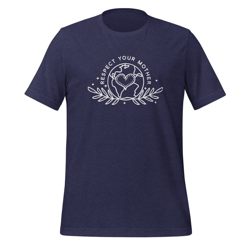 unisex t-shirt in the colour heather midnight navy with white front print of the earth, a heart and some leaves and the words Respect Your Mother