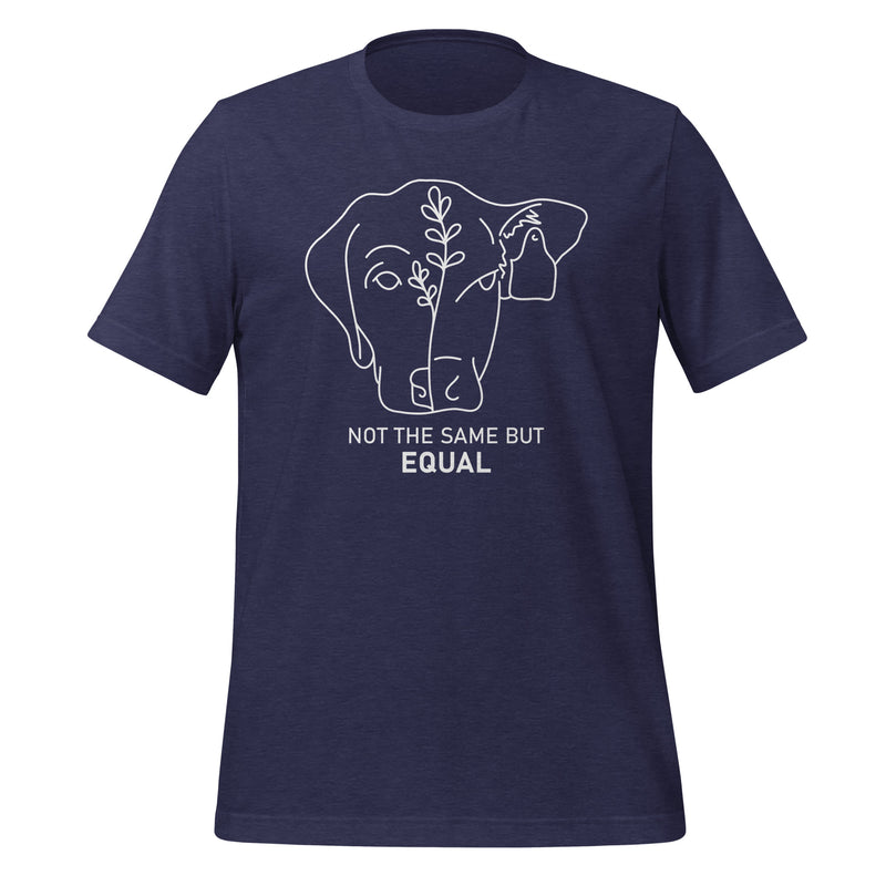 unisex t-shirt in the colour midnight navy with white front print image of a dog face and cow face combined and the words Not The Same But Equal