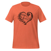 unisex t-shirt in the color heather orange with a black front print of a fern heart and the words Rewild Yourself in the middle