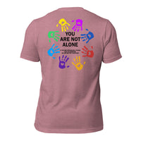 unisex t-shirt in the colour heather orchid with back print of colourful hands forming a circle and the words You Are Not Alone in the middle and additional text saying that if you are struggling to please talk to someone