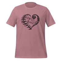 unisex t-shirt in the color heather orchid with a black front print of a fern heart and the words Rewild Yourself in the middle