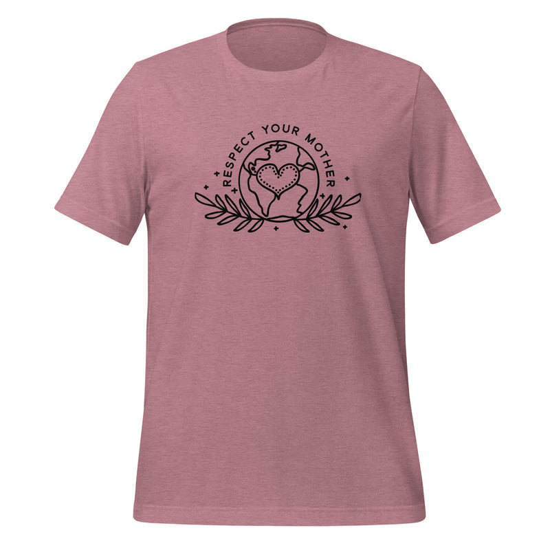 unisex t-shirt in the colour heather orchid with black front print of the earth, a heart and some leaves and the words Respect Your Mother