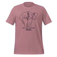 unisex t-shirt in the colour heather orchid with black front print image of a dog face and cow face combined and the words Not The Same But Equal