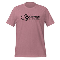 unisex t-shirt in the colour heather orchid with black front print of a heart and paw saying that adoption is a loving option