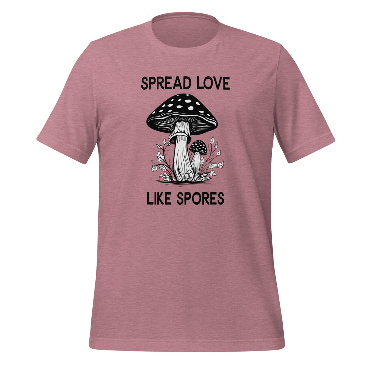 unisex t-shirt in the colour heather orchid with black and white front print of two mushrooms and the words spread love like spores