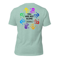 unisex t-shirt in the colour prism usty blue with back print of colourful hands forming a circle and the words You Are Not Alone in the middle and additional text saying that if you are struggling to please talk to someone