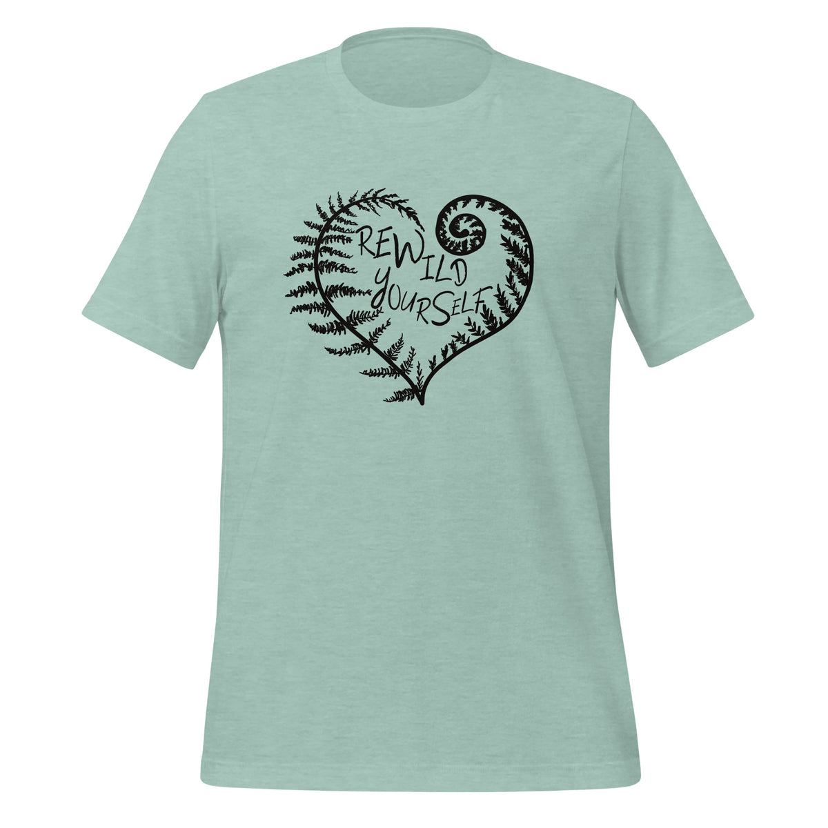 unisex t-shirt in the color heather prism dusty blue with a black front print of a fern heart and the words Rewild Yourself in the middle