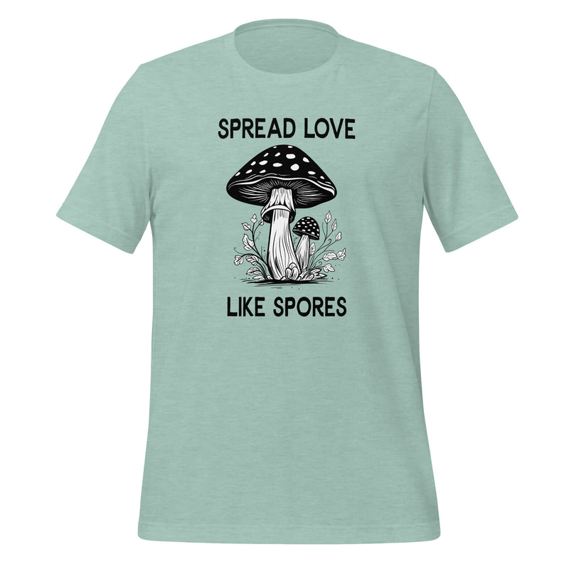 unisex t-shirt in the colour heather dusty blue with black and white front print of two mushrooms and the words spread love like spores