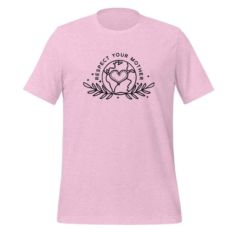 unisex t-shirt in the colour prism lilac with black front print of the earth, a heart and some leaves and the words Respect Your Mother