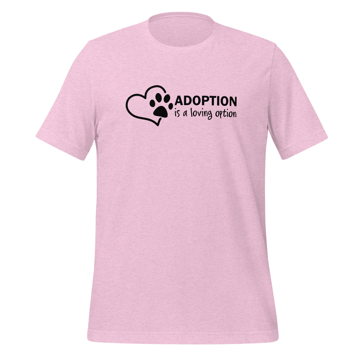 unisex t-shirt in the colour heather prism lilac with a black front print of a heart and paw saying that adoption is a loving option