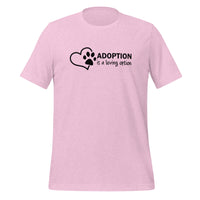 unisex t-shirt in the colour heather prism lilac with a black front print of a heart and paw saying that adoption is a loving option