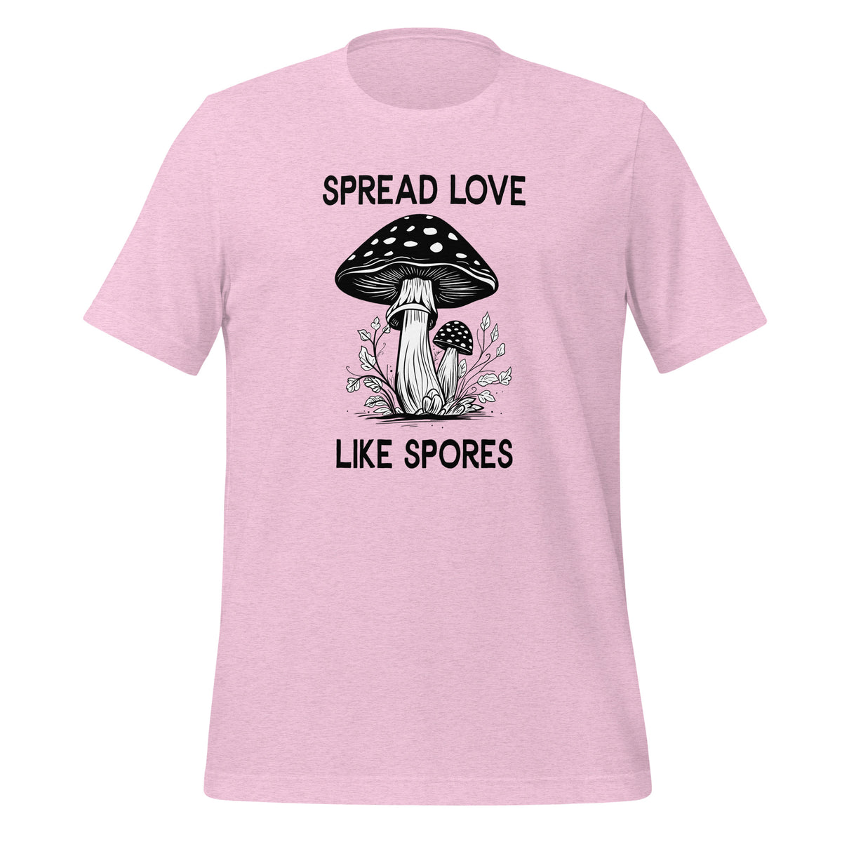 unisex t-shirt in the colour prism lilac with black and white front print of two mushrooms and the words spread love like spores