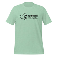 unisex t-shirt in the colour heather prism mint with a black front print of a heart and paw saying that adoption is a loving option