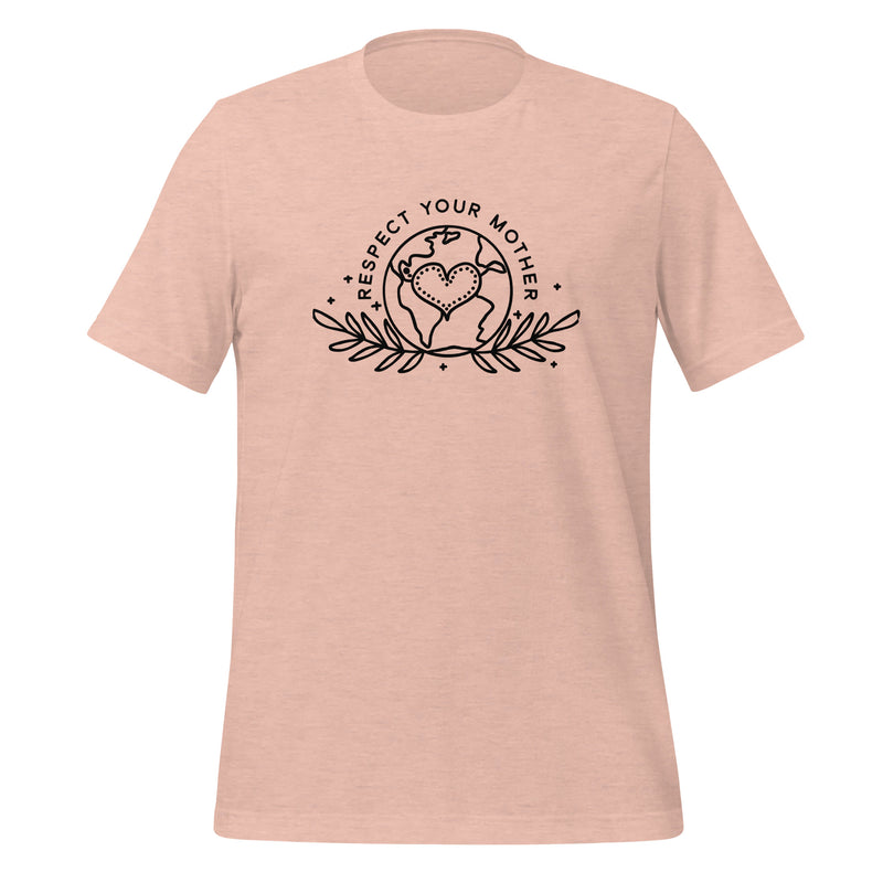 unisex t-shirt in the colour heather prism peach with black front print of the earth, a heart and some leaves and the words Respect Your Mother