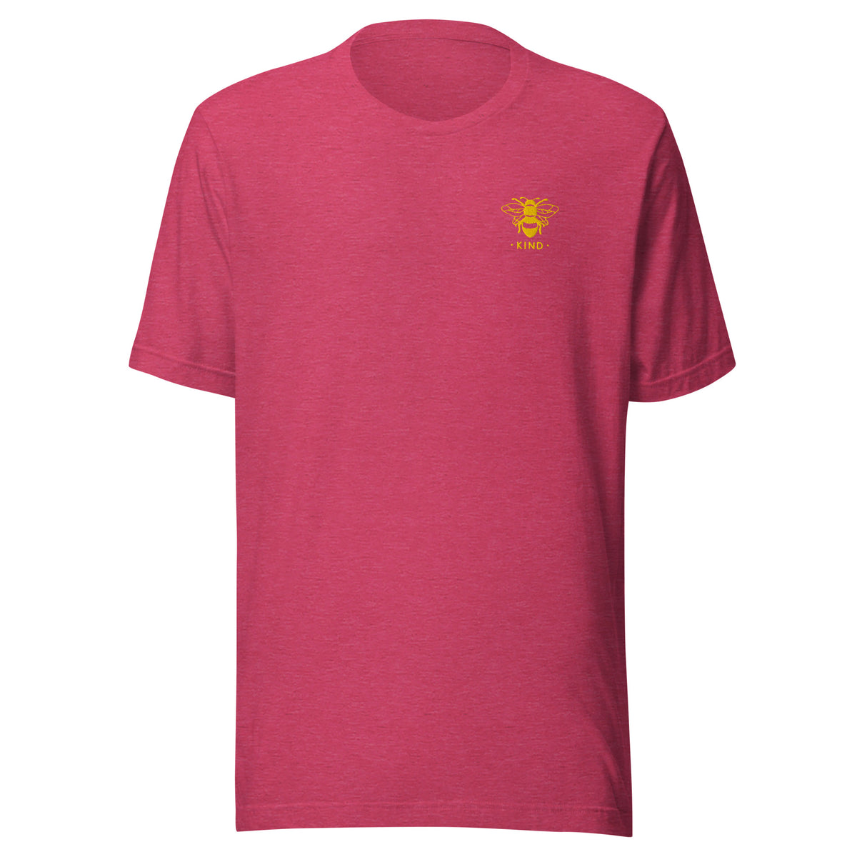 unisex t-shirt in the colour heather raspberry with a small golden bee embroidery on left chest and the word kind