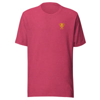 unisex t-shirt in the colour heather raspberry with a small golden bee embroidery on left chest and the word kind