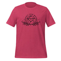 unisex t-shirt in the colour heather raspberry with black front print of the earth, a heart and some leaves and the words Respect Your Mother